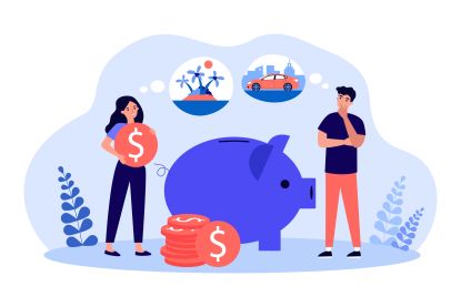 Illustration of man and woman dreaming of new car and vacation while putting money in a piggy bank.